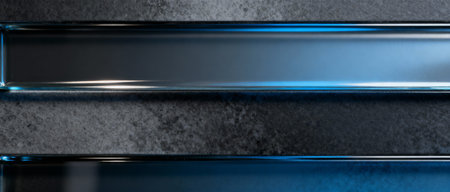 Smooth glass panel embedded in textured dark metal surface illuminated with blue light accents and modern industrial design elements.の素材