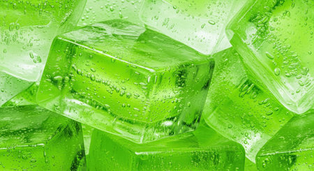 Green transparent ice cubes with bubbles stacked in close up, refreshing beverage background, summer drink concept.の素材