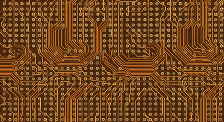 Close up of intricate copper circuit board pattern highlighting electrical pathways and modern digital technology design elements.の素材