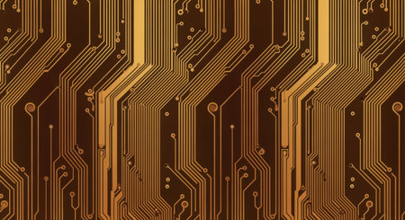 Abstract gold motherboard pattern with intricate circuit lines on a brown background for futuristic technology and electronics concepts.の素材