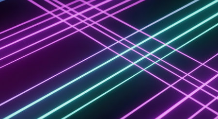 Abstract intersecting neon lines in blue and pink glowing on a dark gradient background, futuristic digital grid light pattern.の素材