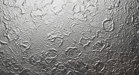 Frosted textured glass surface with intricate crystal patterns reflecting light and creating an abstract metallic appearance.の素材