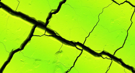 Deep earthquake cracks forming on dry, vibrant green soil surface, symbolizing environmental stress and climate changes.の素材