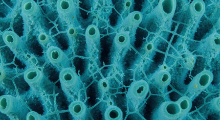 Close up of vibrant blue tube sponges underwater with intricate mesh like patterns highlighting marine biodiversity and coral ecosystem.の素材