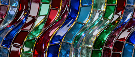 Abstract wavy stained glass pattern in vibrant colors with curved geometric shapes and light reflections.の素材