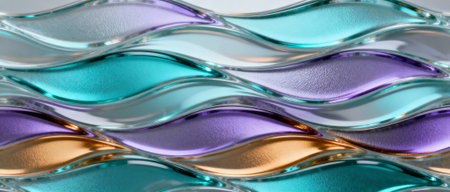 Colorful abstract glass waves in teal, purple, and gold hues with smooth reflections and flowing pattern for modern design backgrounds.の素材