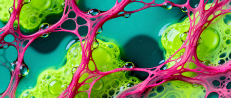 Vibrant abstract closeup of neon green and blue liquid pattern with pink mesh structure and water droplets.の素材