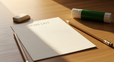 Minimalist to do list on wooden desk with pencil eraser glue stick and warm morning sunlight casting soft shadows across paper.の素材