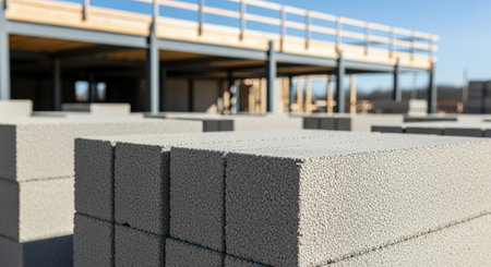 Lightweight concrete blocks stacked at modern residential construction site with unfinished wooden framework under clear blue sky.の素材