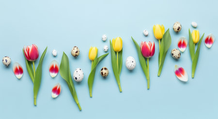 Colorful tulips with speckled eggs arranged in a diagonal spring pattern on pastel blue background for seasonal celebration.の素材