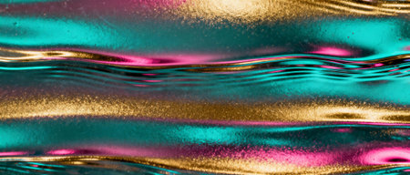 Shimmering abstract metallic waves in teal and gold with vibrant pink highlights and fluid, undulating textured surface patterns.の素材