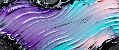 Swirled abstract pattern with vivid purple, teal, and pink acrylic paint textures blending seamlessly on a dark background.の素材