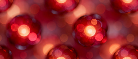 Abstract closeup of glowing red circular lights with bokeh effect in a festive, vibrant blurred pattern background.の素材