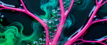 Bright pink abstract branching structure with green smoke and translucent bubbles on a dark background, vibrant macro composition.の素材