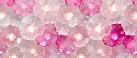 Soft pink hexagonal crystal pattern with glowing highlights and delicate facets, creating a shimmering abstract geometric texture.の素材