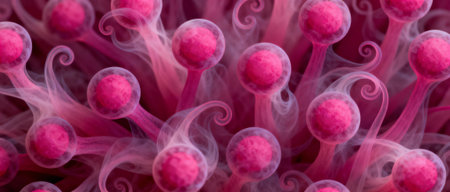 Vibrant pink spores with swirling mist and delicate curls in a close up abstract science and nature concept background.の素材