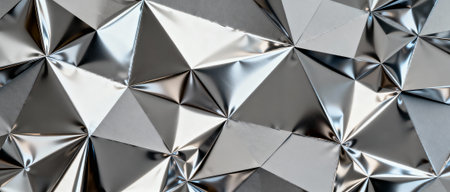 Geometric metallic surface pattern with reflective silver triangular facets creating a modern abstract textured background.の素材