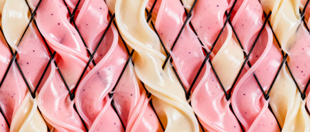 Closeup of wavy pink and white creamy dessert swirls with chocolate drizzle in an abstract geometric pattern.の素材