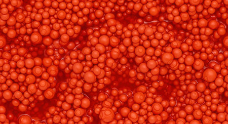 Vibrant pattern of floating red bubbles clustered together on a liquid surface with abstract circular shapes and dynamic texture.の素材