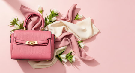 Elegant pink handbag with gold hardware and white tulips arranged on pastel fabric background for spring fashion concept.の素材