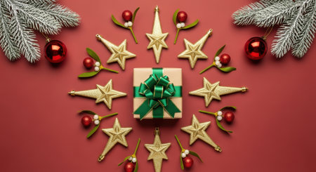 Festive christmas gift box with green bow surrounded by golden stars, baubles, and evergreen branches on red background.の素材