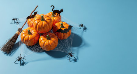 Mini pumpkins arranged with spiders, bat silhouettes, broom and cobweb on blue background creating playful halloween decoration.の素材