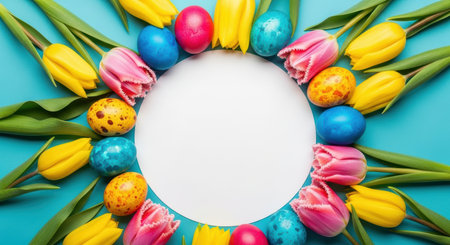 Colorful easter eggs and spring tulips arranged in a circle on blue background with empty white space in the center.の素材