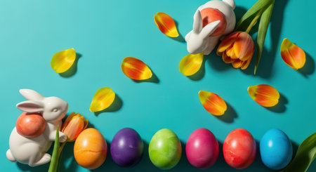 Colorful easter eggs and ceramic bunnies with tulips and petals arranged on a bright turquoise background for spring celebration.の素材