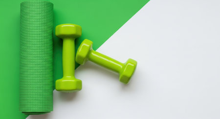 Green dumbbells and yoga mat arranged on split green and white background representing modern home fitness and minimalist workout gear.の素材
