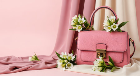 Elegant pink leather handbag decorated with white spring flowers against soft draped pastel fabric in minimal feminine composition.の素材