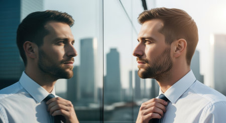 Confident young professional adjusting tie while reflecting in glass with modern city skyline in background during sunrise.の素材