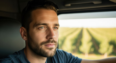 Focused man driving through rural countryside on a sunny day with fields and trees in the distant background.の素材