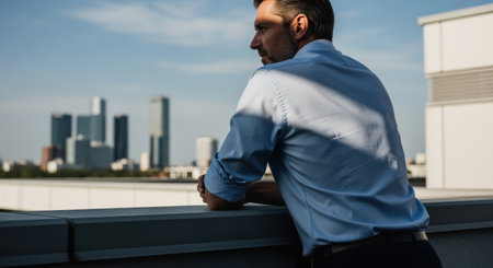 Businessman in blue shirt thoughtfully gazing over city skyline from rooftop under afternoon sunlight, urban modern setting.の素材