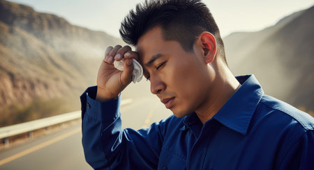 Tired man wiping sweat from forehead beneath bright sun while standing on an empty highway surrounded by mountainous landscape.の素材