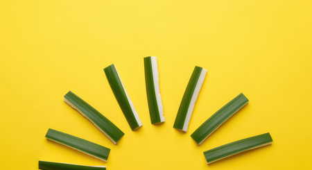 Minimalist arrangement of green pandan leaves on bright yellow background forming modern abstract semicircle pattern.の素材