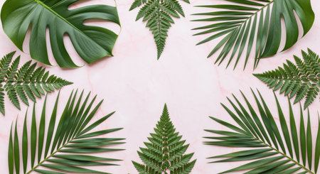 Tropical green leaves and fern foliage framing soft pastel pink background with natural botanical border and modern minimal flat lay.の素材