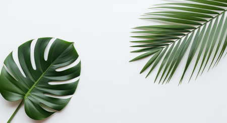 tropical monstera and palm leaves arranged on a clean white background with minimalistic botanical composition and natural greenery.の素材