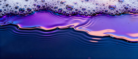 Vivid macro of soap bubbles on a colorful liquid surface with purple and blue reflections and delicate light patterns.の素材