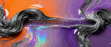 Vibrant abstract liquid pattern with colorful orange and purple swirls, black hair strand, and iridescent bubbles across the surface.の素材
