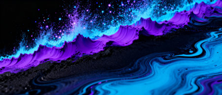 Vivid abstract neon blue and purple wave pattern blending with black background, splashes and swirling fluid textures.の素材