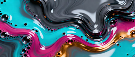 Vibrant abstract fluid pattern with swirling turquoise, pink, and metallic colors blending in a glossy, modern artistic composition.の素材