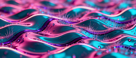 Abstract metallic waves in vibrant teal and pink hues with water droplets and glowing crystalline structures in futuristic design.の素材