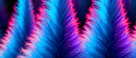 Colorful vibrant blue and pink pampas grass plumes with neon lighting creating a dramatic abstract background pattern.の素材