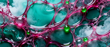 Vibrant abstract pattern with turquoise liquid, pink cellular structures, and floating green bubbles in a dynamic macro composition.の素材
