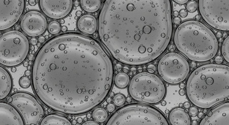 Closeup of transparent oil bubbles in water creating abstract organic circular pattern on a smooth gray background.の素材