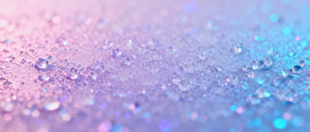 Crystal water droplets scattered on shimmering pastel surface with dreamy pink and blue bokeh background, reflecting vibrant light.の素材