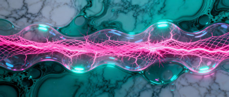 Abstract neural network connection, glowing pink synapses and digital mesh on fluid marble background, futuristic science concept.の素材