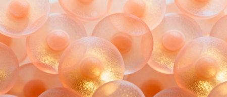 Translucent peach colored silicone pacifier nipples arranged in a soft overlapping abstract pattern with subtle golden highlights.の素材