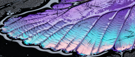 Iridescent butterfly wing close up showcasing shimmering purple, blue, and teal hues with intricate texture and delicate natural patterns.の素材