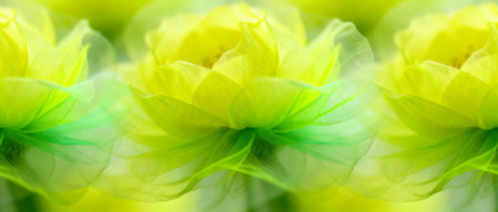 Vibrant layered yellow green abstract flower petals with repeating translucent pattern and soft glowing artistic background.の素材